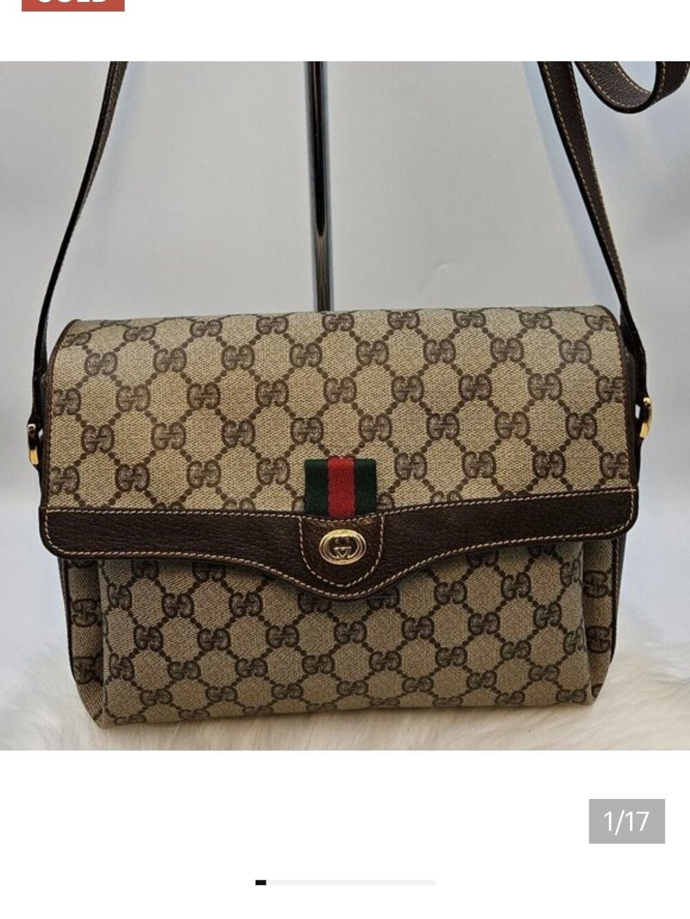 Gucci Brown Leather Monogram Bag with Green-Red Web Stripe